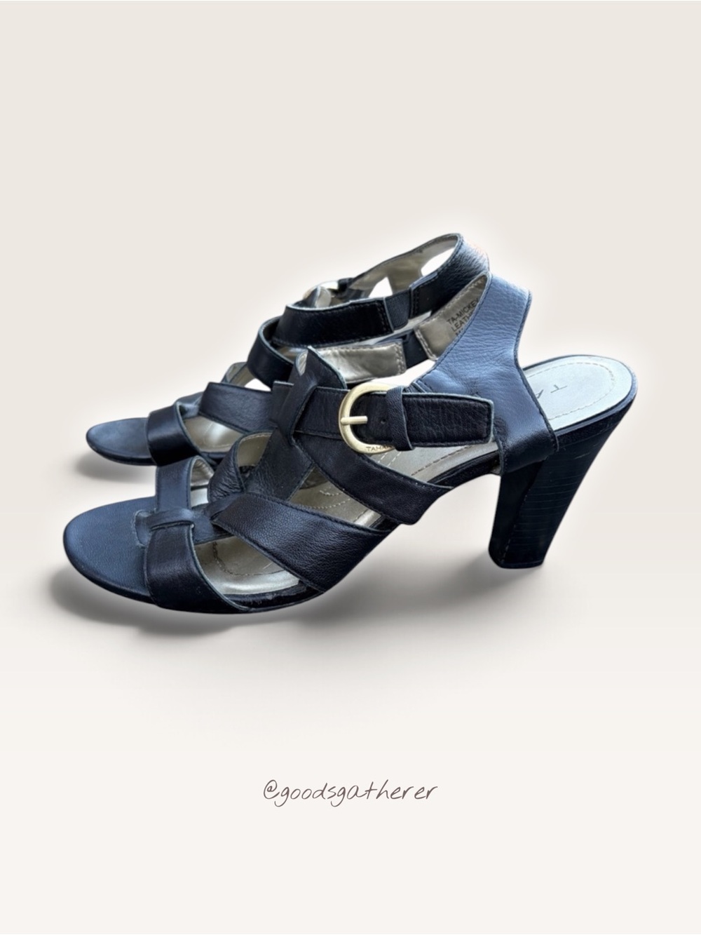 Tahari Black Leather Strappy Heeled Sandals Gold Buckle 7.5M